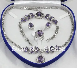 Pretty Violet Crystal CZ Necklace Bracelet Earrings Crystal Ring Set