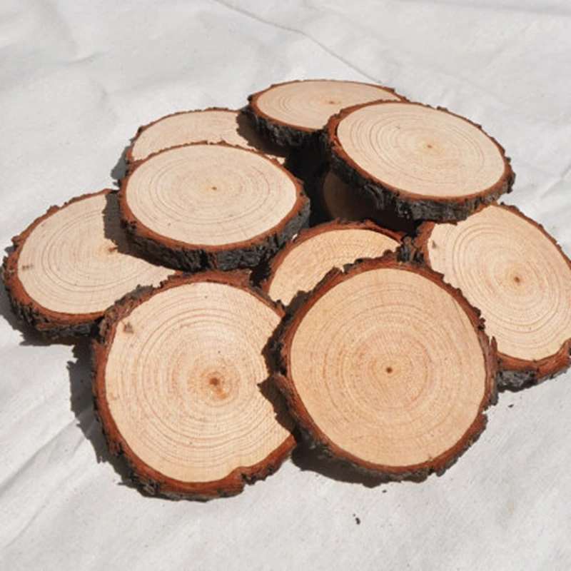 50 pcs rough cut wood rounds with rough bark for rustic crafts