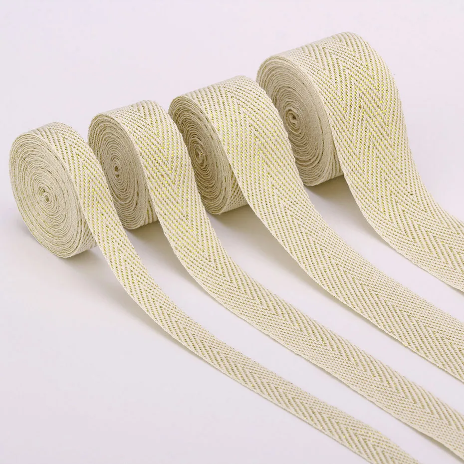 50 Yards/Roll 10mm/15mm/20mm/25mm 100% Cotton Herringbone Twill Silver/Gold Wire Beige Webbing Tape Garment Sewing Ribbon