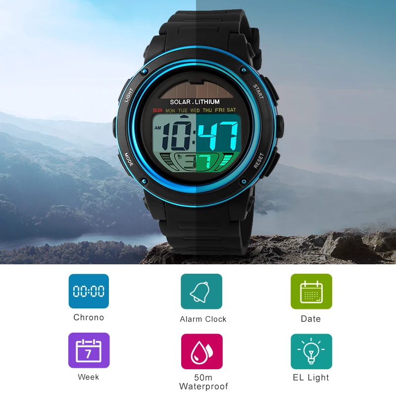 SKMEI Outdoor Sport Watch Men Solar PU Strap Wristwatches Mens Chronograph Alarm 5Bar Waterproof Digital Watch reloj hombre 1096