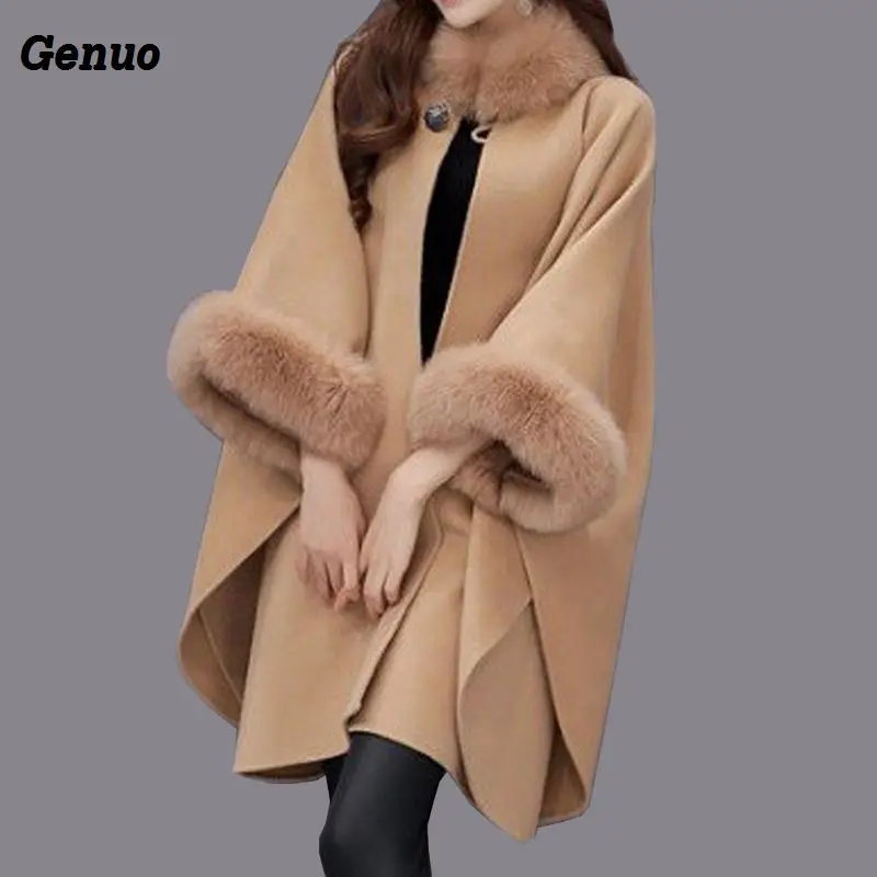 

Women Wool Coat Camel Poncho Winter Knitwear Shawl Cape Feminino Loose Warm Outerwear Inverno 3XL Genuo Overcoat