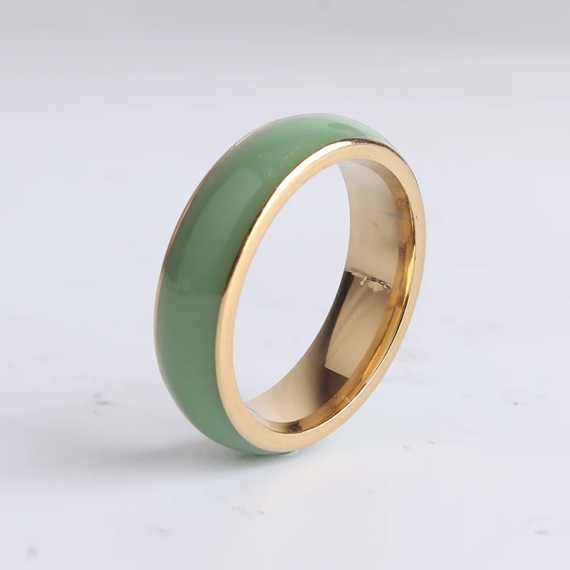 6mm Gold Color green Ceramic Stainless Steel Finger Rings for Women Men Wholesale Jewelry