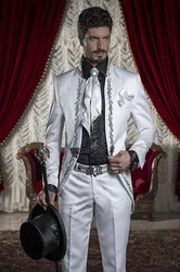 White Stand Collar Tailcoat Fashion Latest Designs Embroidered Men Suits Custome Made Blazer(Jacket+Pant+Tie+Handkerchiefs)
