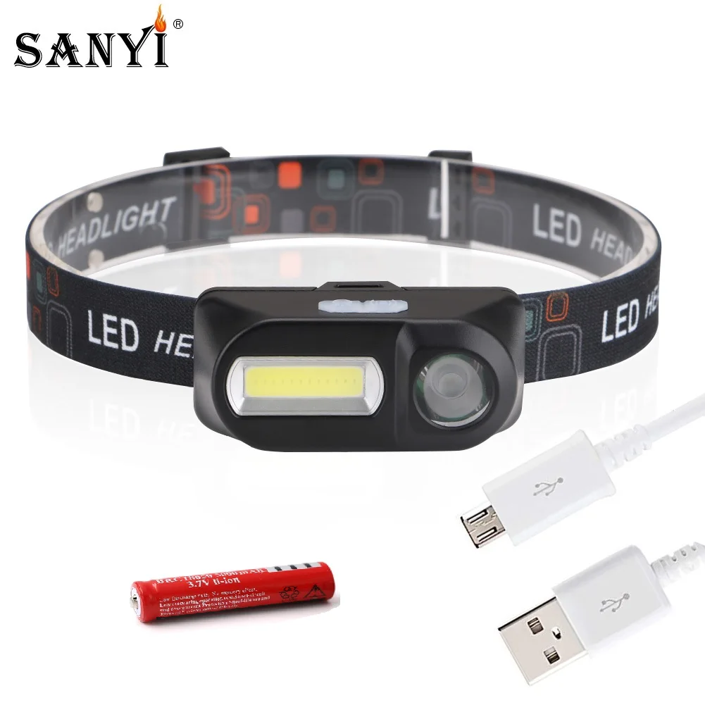 Sanyi COB XPE LED Mini Headlight 7-Mode USB Charging Headlamp Camping Flashlight Hunting Frontal Head Torch by 18650 Battery