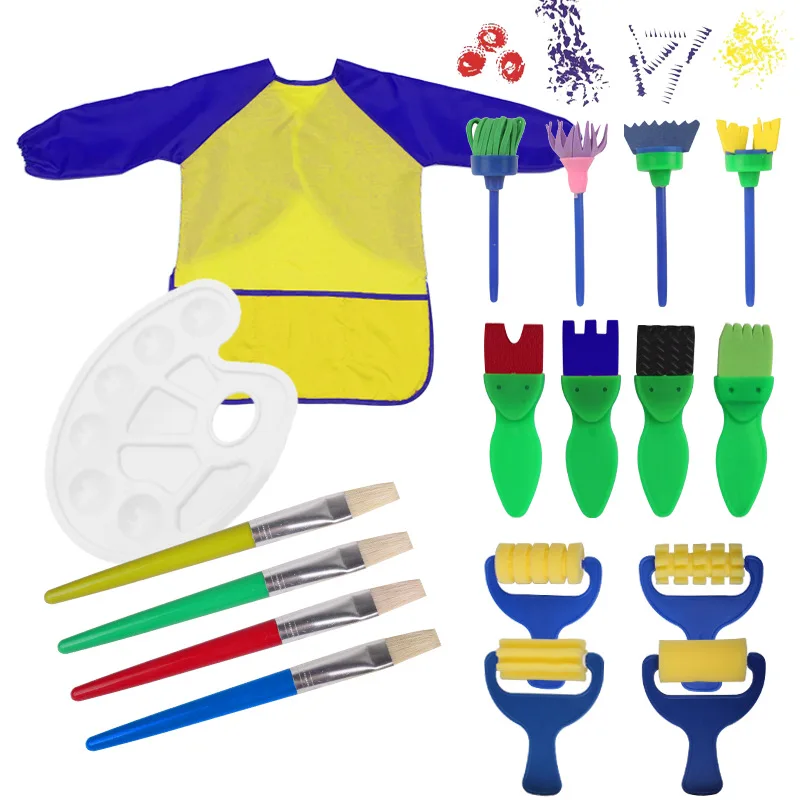 18 piece/set Children's seal sponge brush painting set painting clothes smock color palette plate painting graffiti brush brush