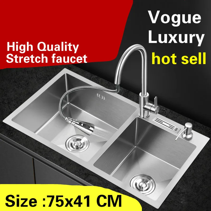 

Free shipping Apartment wash vegetables kitchen manual sink double groove stretch faucet 304 stainless steel hot sell 75x41 CM