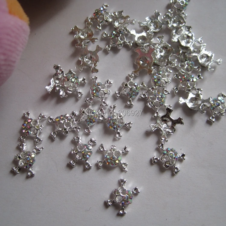 MD-126 10pcs Fancy AB Rhinestone Silver Skull Head Deco Metal Charms Metal Deco Charms Nail Art