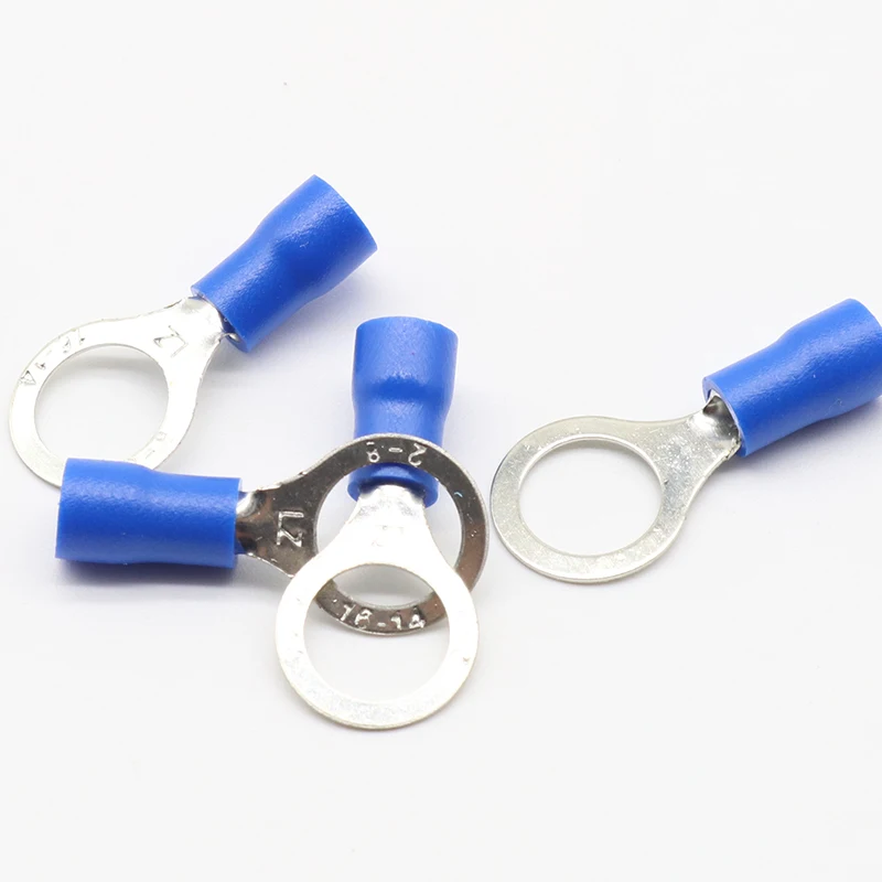 Conector de Cable de terminal aislado de anillo azul, 100 unids/paquete, traje de 1,5-2,5mm, Terminal de crimpado eléctrico RV2-8 RV