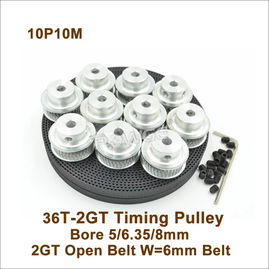 

10pcs 36 Teeth 2GT Timing Pulley Bore 5/6.35/8mm + 10meters Width 6mm GT2 Synchronous Belt 36T 36Teeth GT2 Belt Pulley 36-2GT