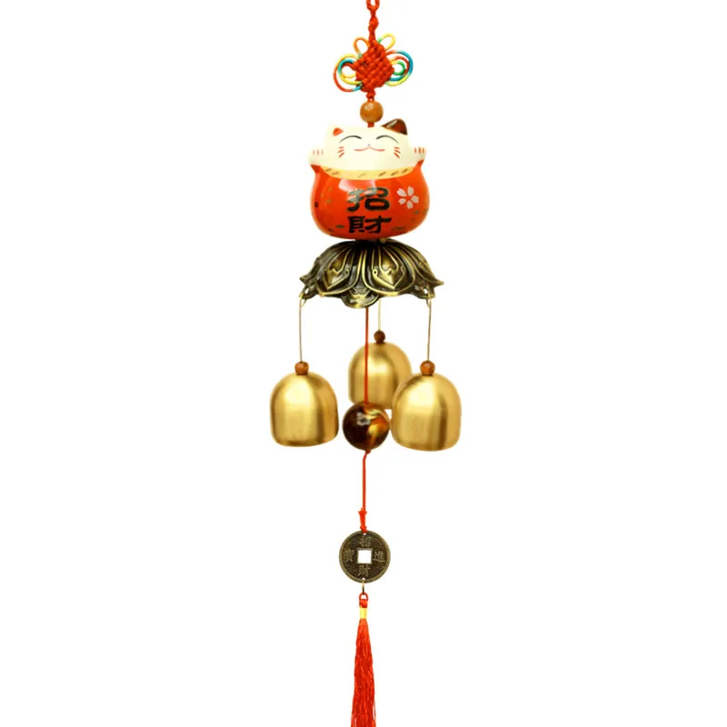 

1 string Pure Copper Ceramic Lucky cat Hanging Wind Bell Safe Luck Pendant Chimes Hanging Bell Door Decor Feng Shui Gift