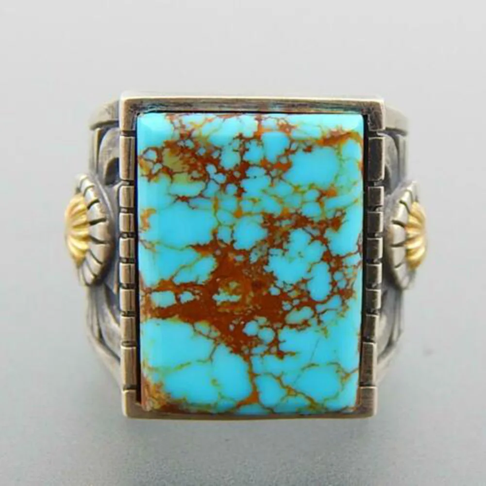 Nepal Retro Simulated Turquoise Inlaid Ring Tibetan Silver Women Open Rings Banquet Jewelry Gift