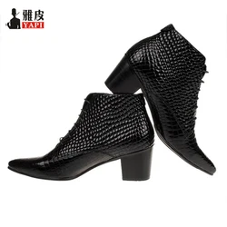 Designer Genuine Leather Mens Heels Winter Pointed Toe Modern Riding Boots Serpentine Heighten Shoes Male