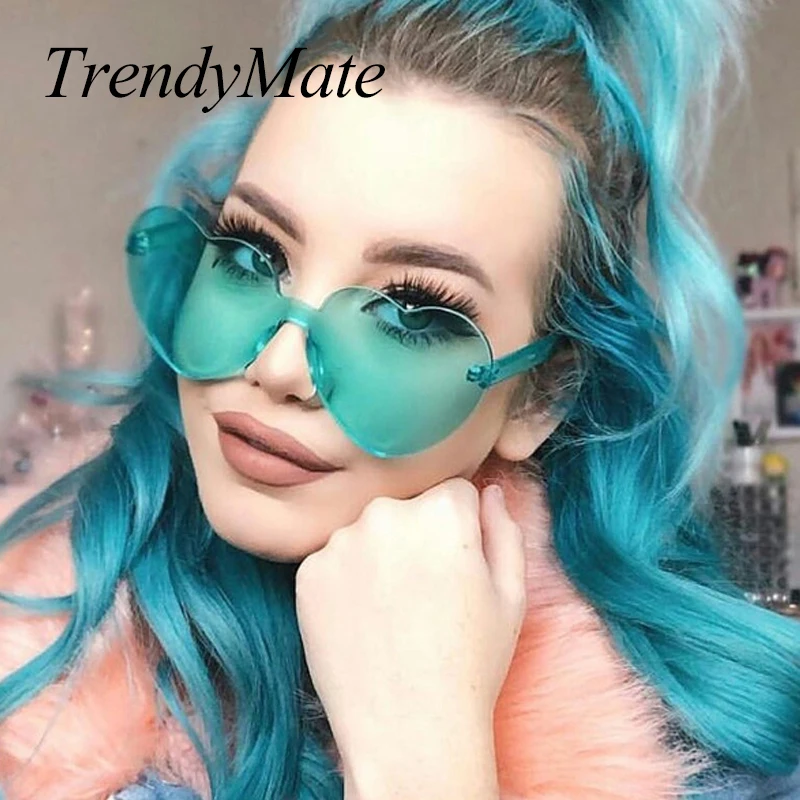 Women Rimless Heart Shape Sunglasses For Female Fashion 2018 Clear Shades Ocean Purple Red Green Lenses Sun Glasses UV400 1340T