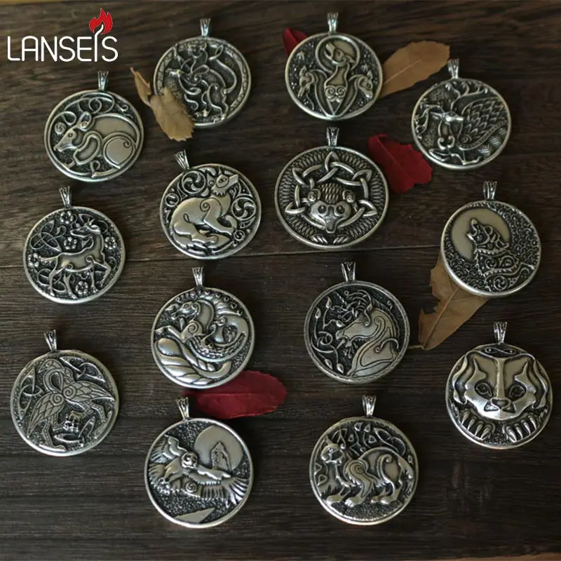 14pcs wholesale  piece celt  symbol  animal pendant  necklace Double sided  pendant