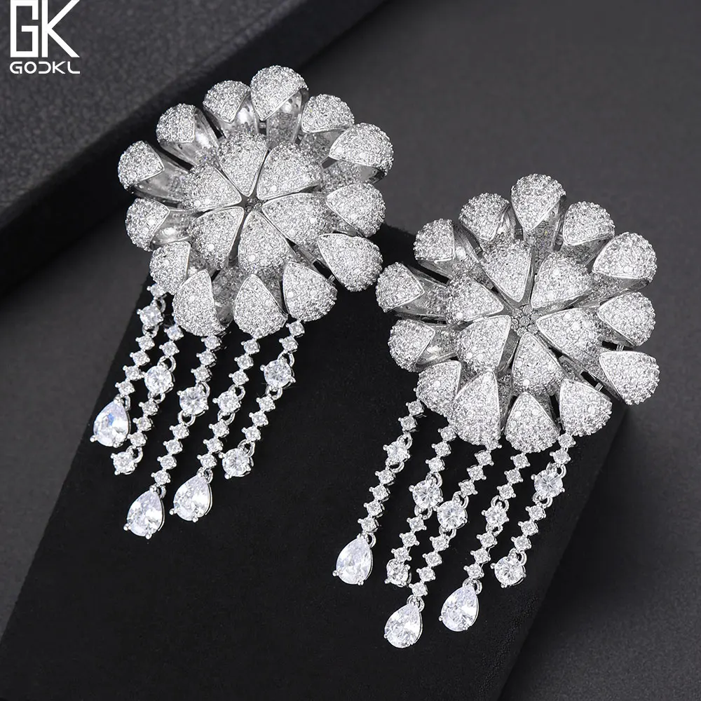 GODKI 72mm Luxury Daisy Flower Nigerian Tassels Long Dangle Earring For Women Wedding Zircon Crystal Dubai Bridal Earring