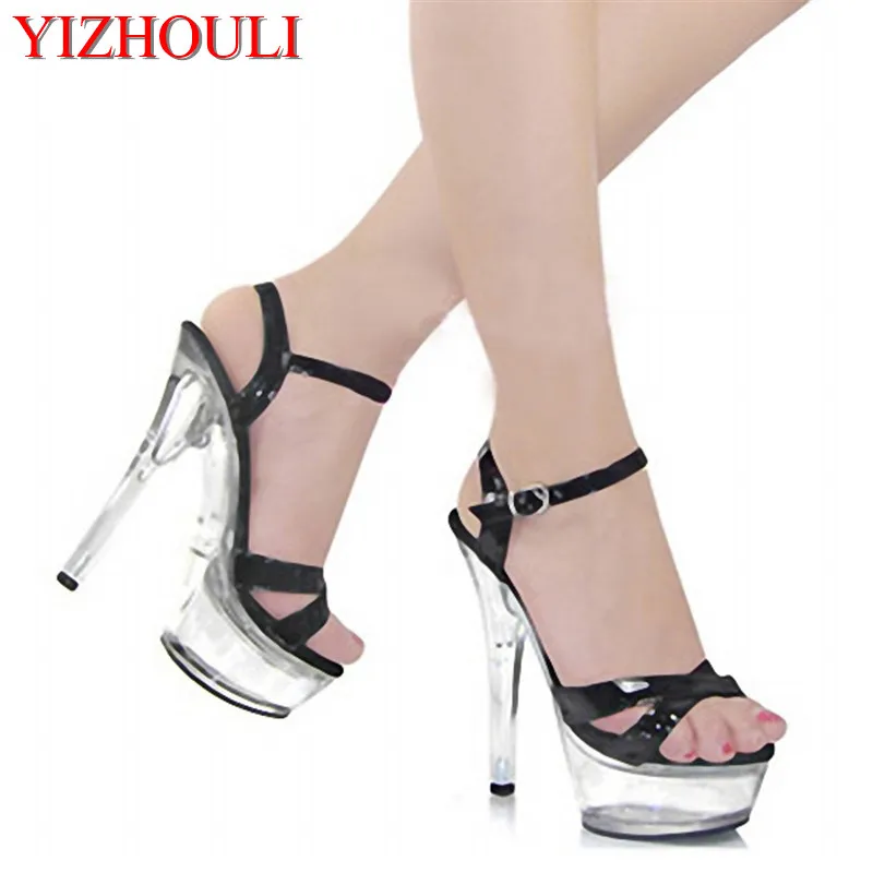 

Summer sandals, transparent waterproof 15cm thin heel, with nightclub black fashion sandals