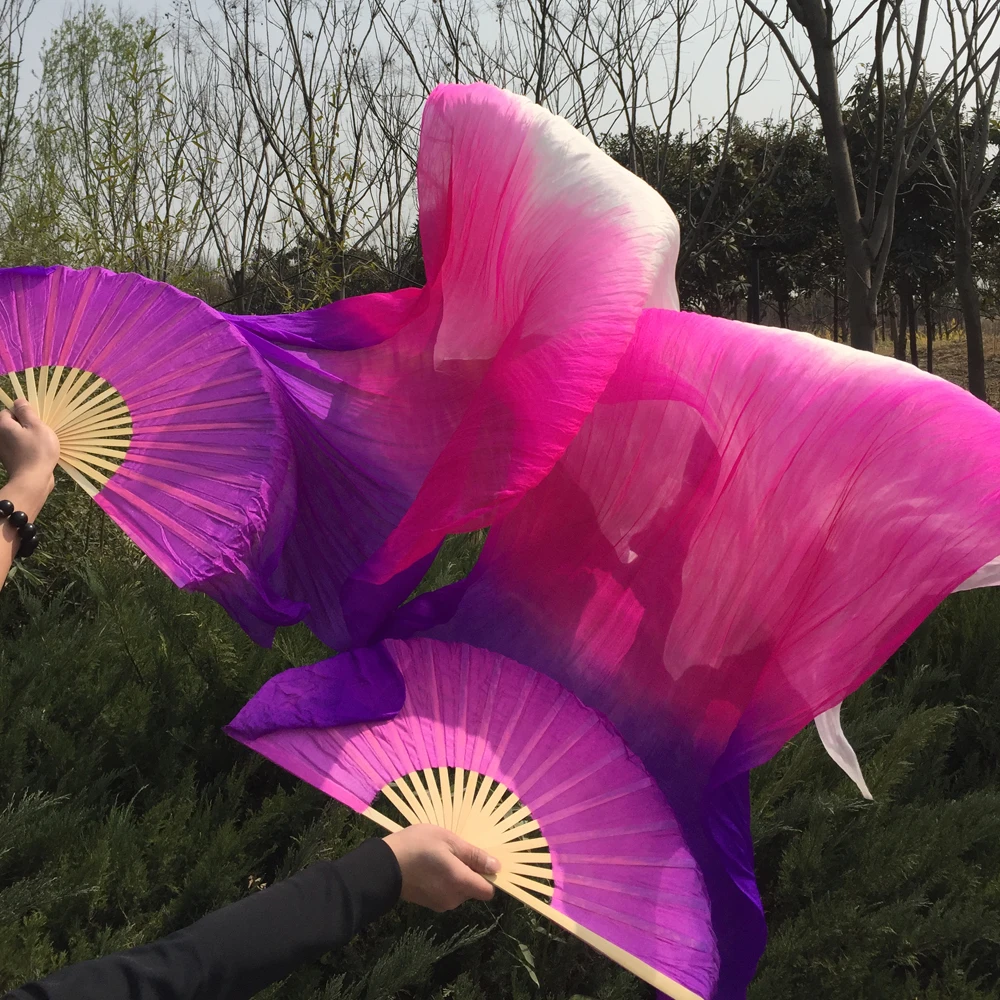 New Arrival Purple/Pink/White oriental real Silk Fan Veils for belly dance china 100% silk Veil Fans for Stage Show