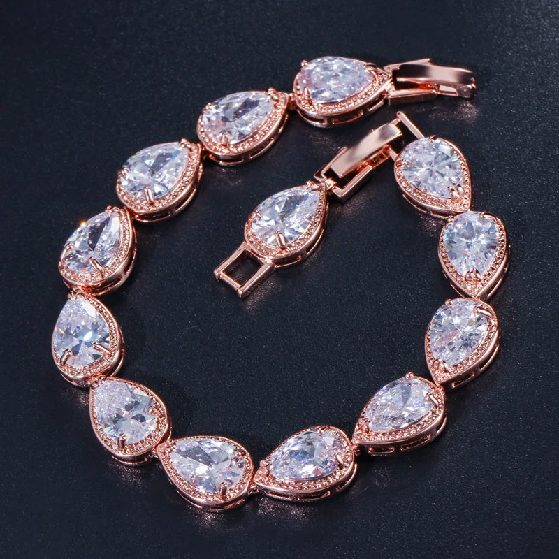 Pera High Quality Cubic Zirconia Rose Gold Color Big Water Drop Chain Link Bracelets for Women Wedding Jewelry Accessories B093