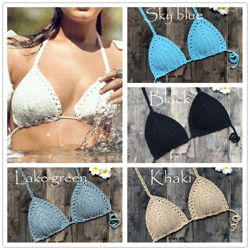 Handmade Crochet Women Bikini Top Boho Beach Bralette Halter Knitted Swimsuit Brazilian Bikinis Bathing Suit Top