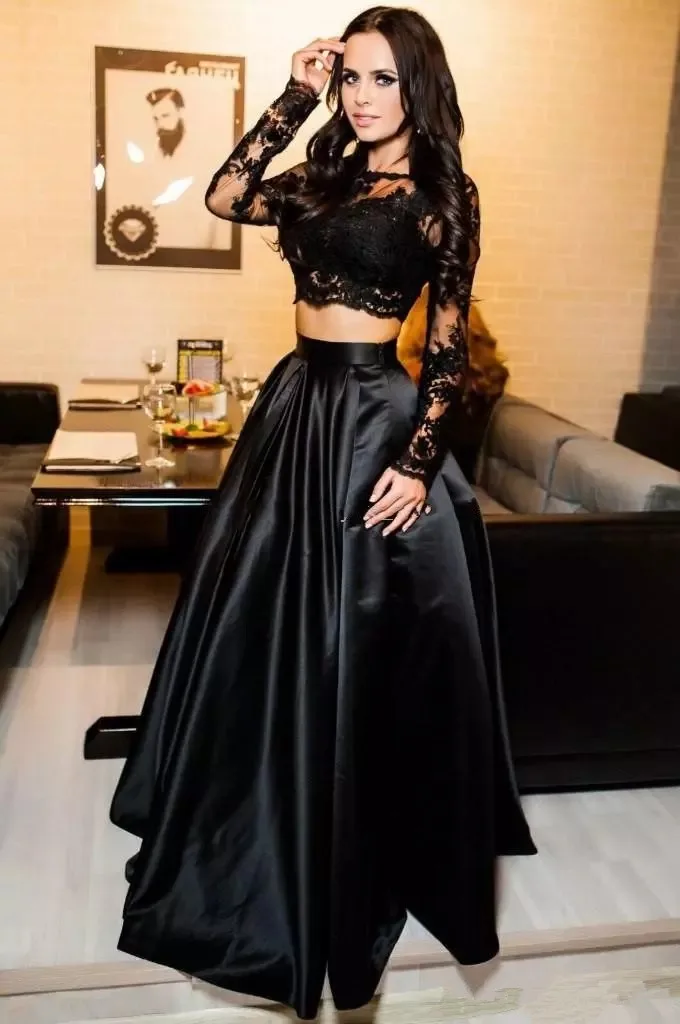 Black Two Pieces Prom Dresses Jewel Neck Illusion Long Sleeves Lace Appliques Plus Size Party Dress Evening prom Gowns