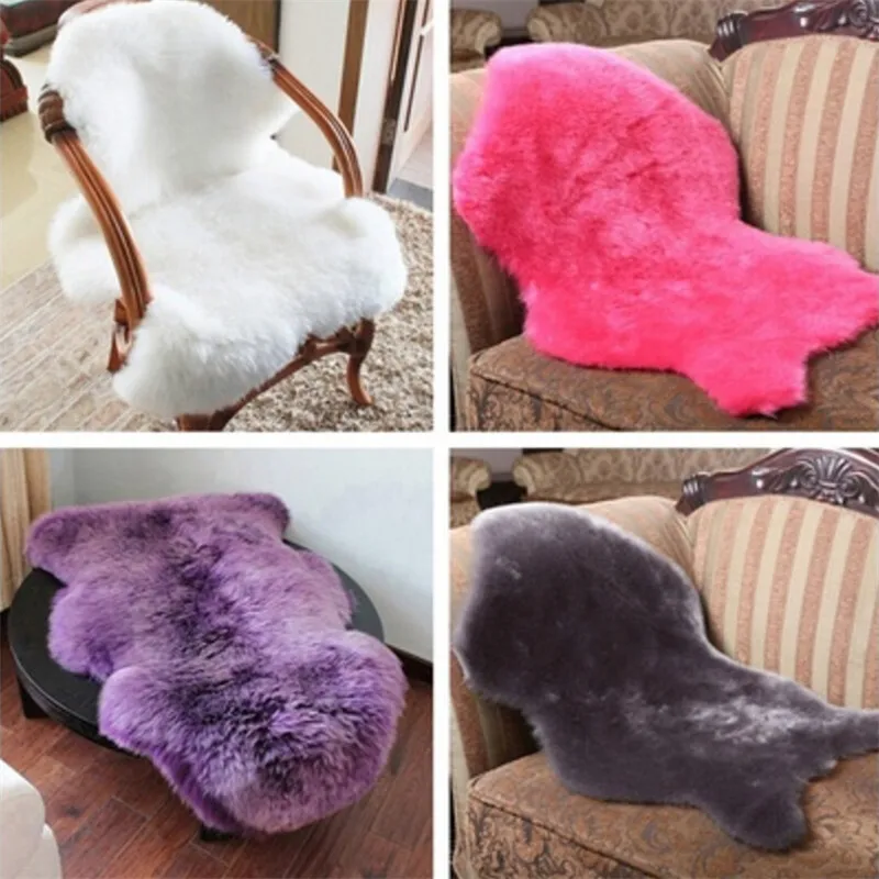 

Fashion Soft Sheepskin Chair Cover Warm Hairy Carpet Seat Pad Plain Skin Fur Plain Fluffy Area Rugs Washable Bedroom Faux Mat