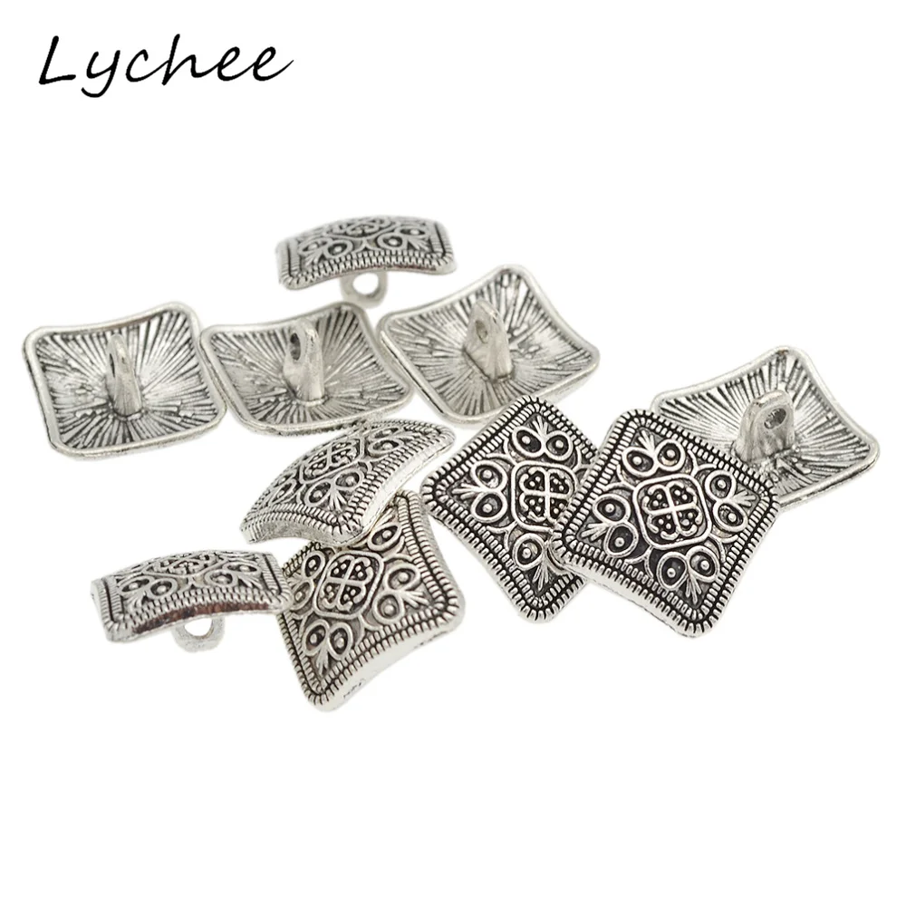 Lychee 10 pcs Geometrica Piazza Argento Antico Fiore Con Gambo In Metallo Per I Vestiti Jeans Cucito FAI DA TE Artigianato Decorativi