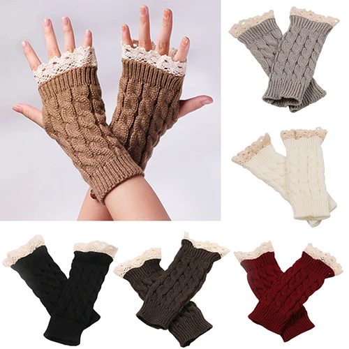 Lace Patchwork Women Knitting Embroidered Gloves Student Autumn Winter ColdproofFashion Warm Soild Fingerless Glove