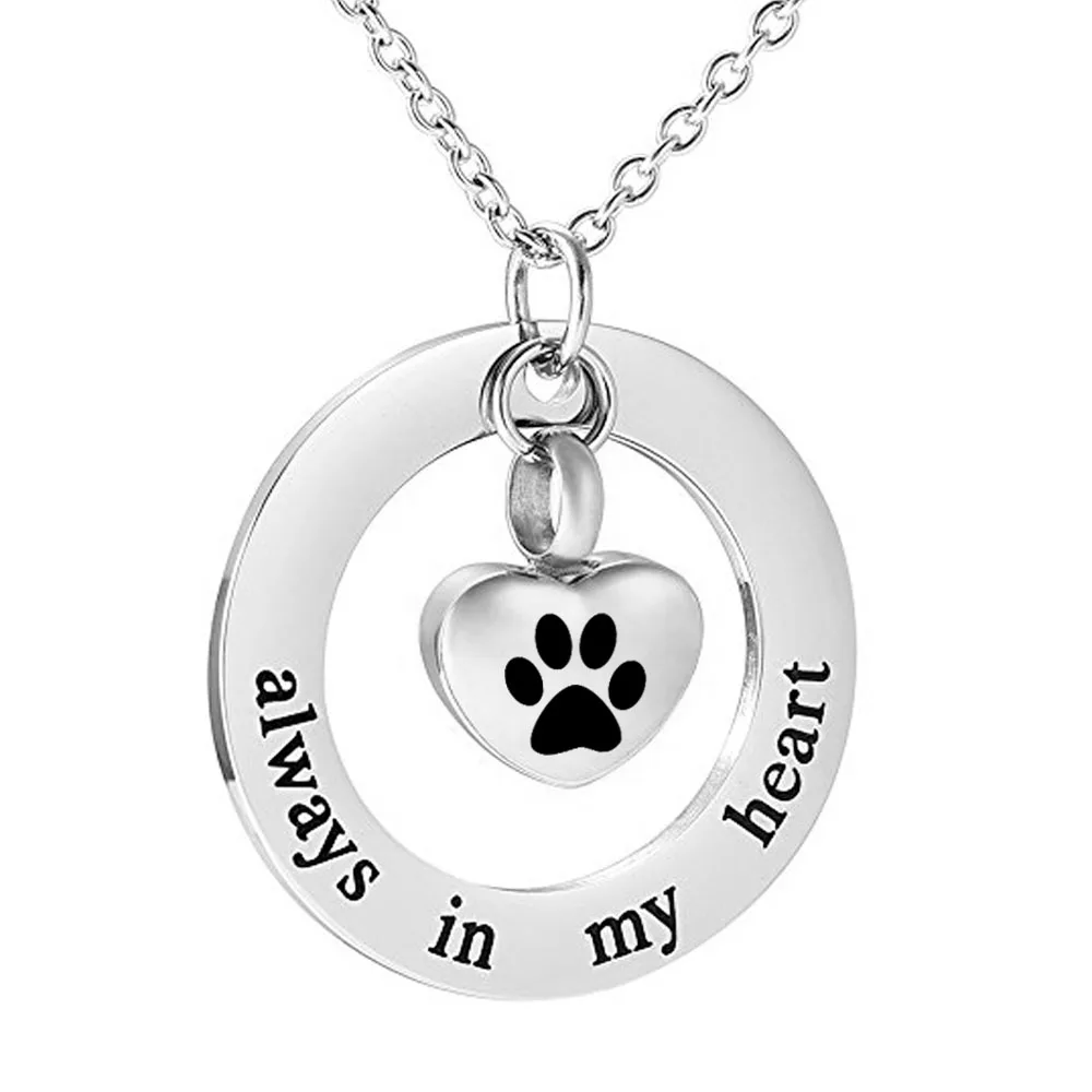 Cremation Jewelry Dog Paw print Necklace for Ashes Always in my heart Memorial Ash Keepsake Heart Memorial Urn Pendant