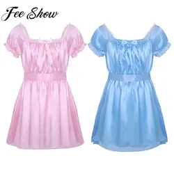 Mens Sexy Costumes Lingerie Plus Size Short Sleeve Shiny Soft Satin Crossdress Dress For Male Sissy Lace Nightwear Sleepwear