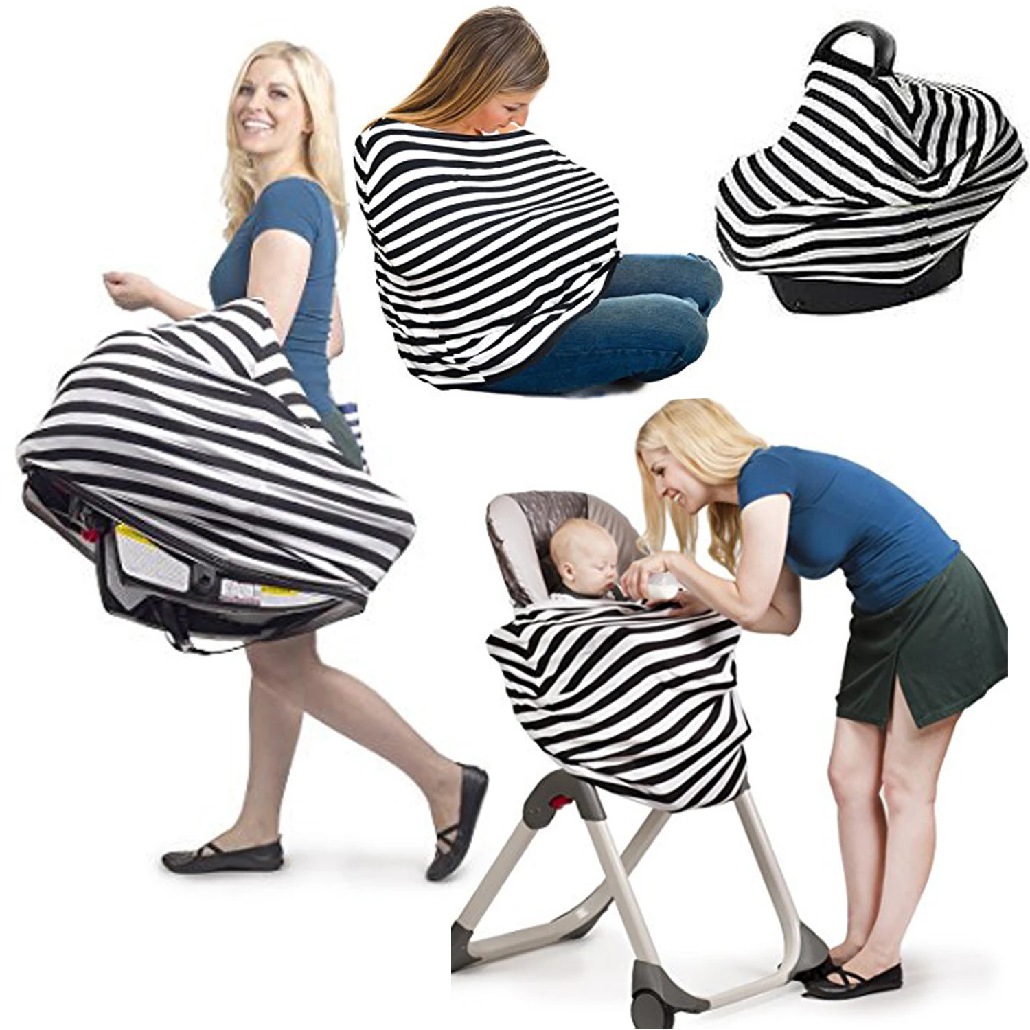 3 in 1 Infant Striped Baby Car Seat Cover Rayon Nursing Cover Car Seat Canopy Stripe Baby Canopy Shopping Cart Covers