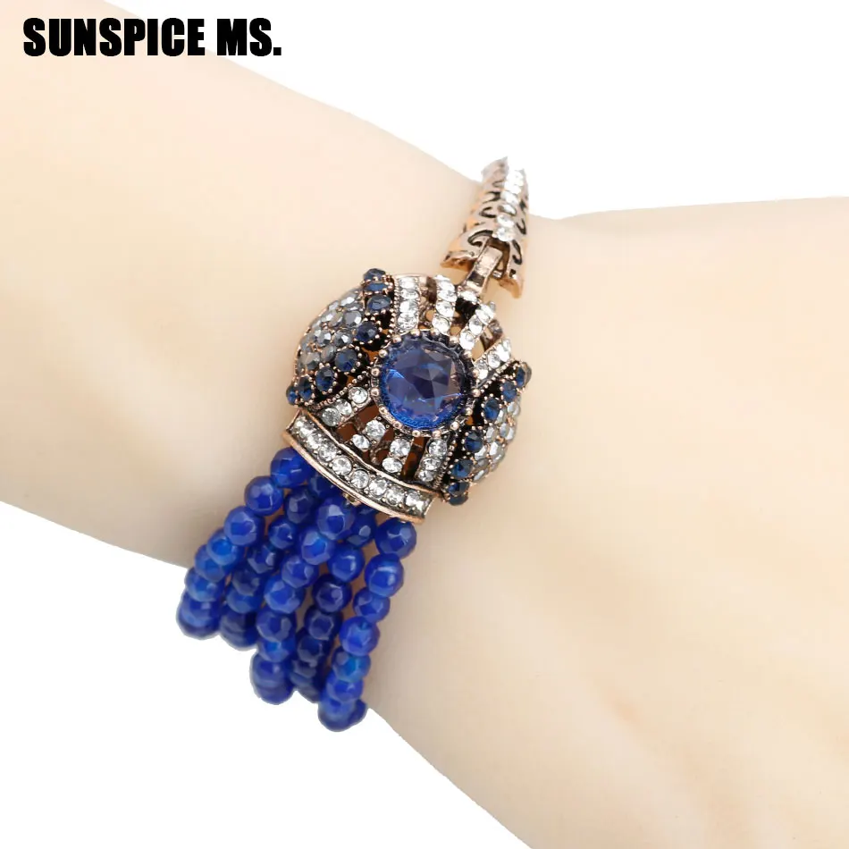 Turkish Red Crystal Charm Bracelets For Women Natural Stone Beads Bangle Cuff Antique Gold Color Fashion Wedding Jewelry