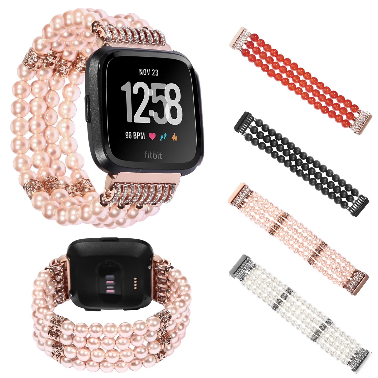 Glitter Rhinestones Pearl Agates Wrist Strap For Fitbit Versa Smart Watch Band Stretch Bracelet Watchband Women Girls Wristbands