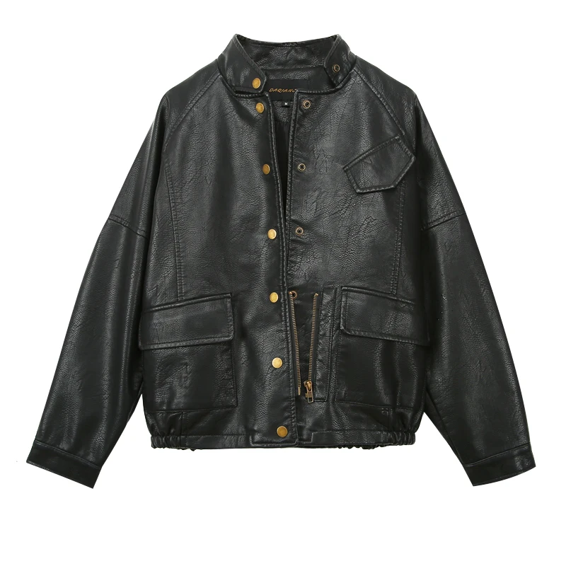 

New fashion brand women's golden color buttons pu leather jackets femalestabd collar locomotive Pu leather jacket wq1718