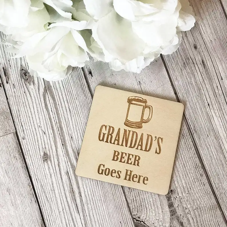 Custom Grandad's Beer Goes Here  coaster Wooden table, housewarming gift, Wood Coasters Cup Mat Placemats,wedding gift