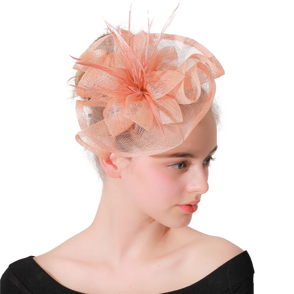 Champagne Sinamay Wedding Fascinator Hats Women Feather Flower Hair Accessories Royal Kentucky Church Headpiece With Headbands