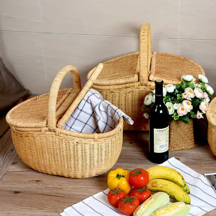 Rattan Shopping Basket Fruit Basket With Lid Picnic Basket Outdoor Storage Basket