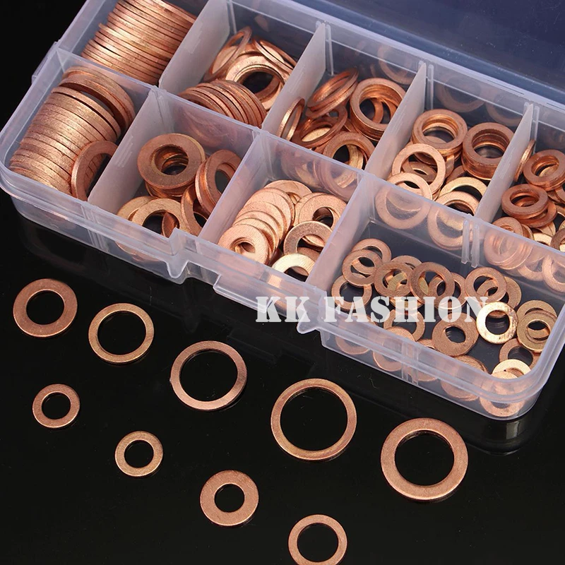 200pcs/Set M5-M14 Solid Copper Washers Flat Ring Sump Plug Oil Seal Assorted Set Professional Hardware Accessories Kit with Case
