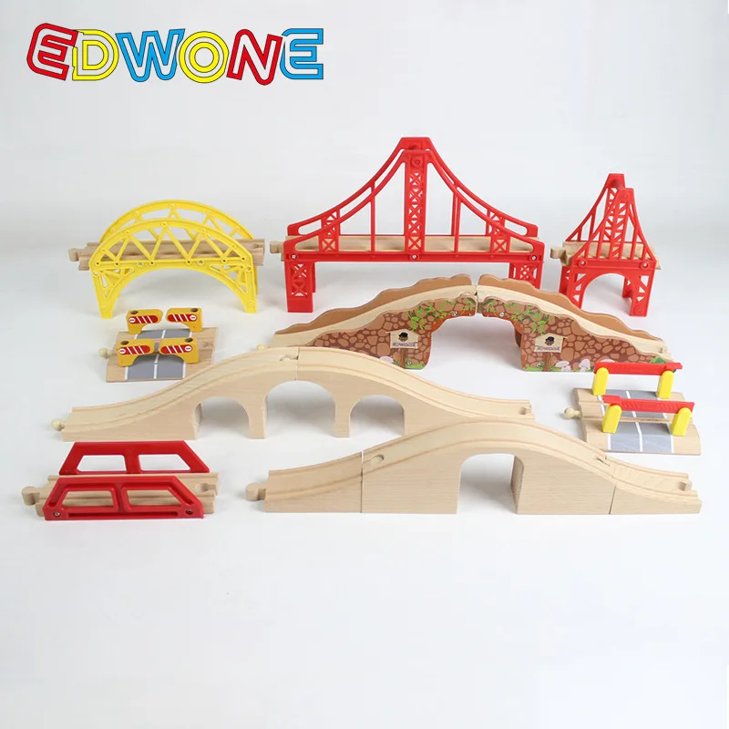 EDWONE Wooden Track Railway Bridge Accessories Educational Toys Tunnel Cross Bridge Compatible all Wood Track  Biro