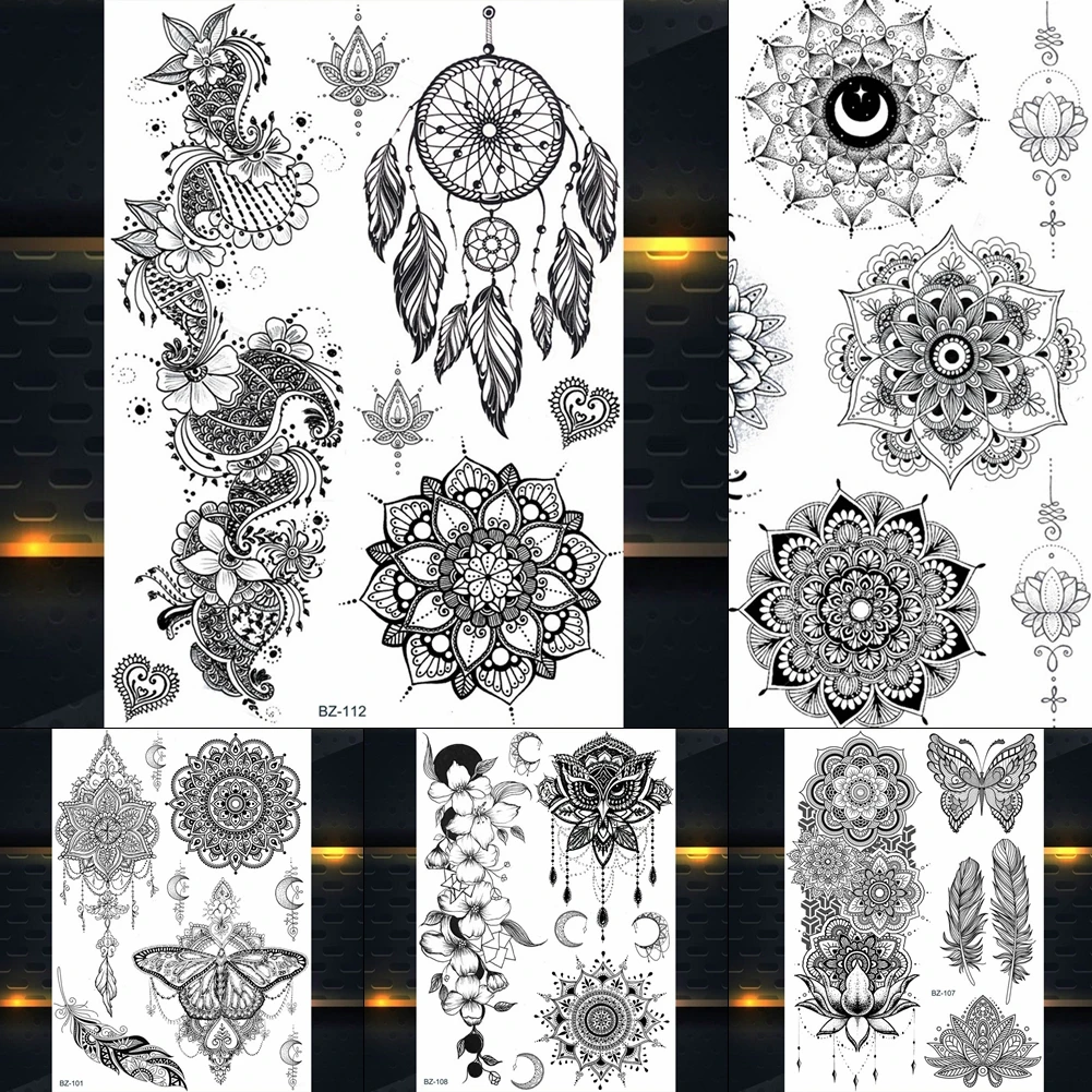 1Pc Hot Dreamcatcher Grote Indiase Zon Bloem Henna Tijdelijke Tattoo Zwarte Mehndi Veer Stijl Waterdichte Tattoo Sticker PBJ013A