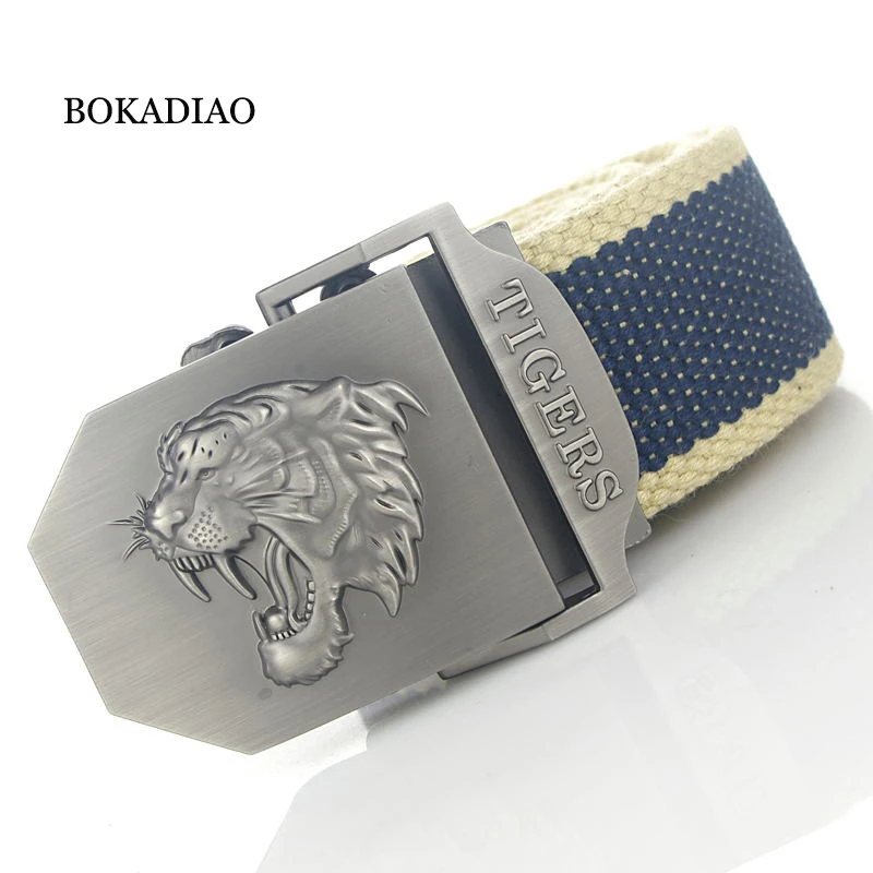 

BOKADIAO Men&Women Military Canvas Belt Luxury Tigers Metal Buckle Jeans Belt Army Tactical Belts for Women Waistband Strap Male