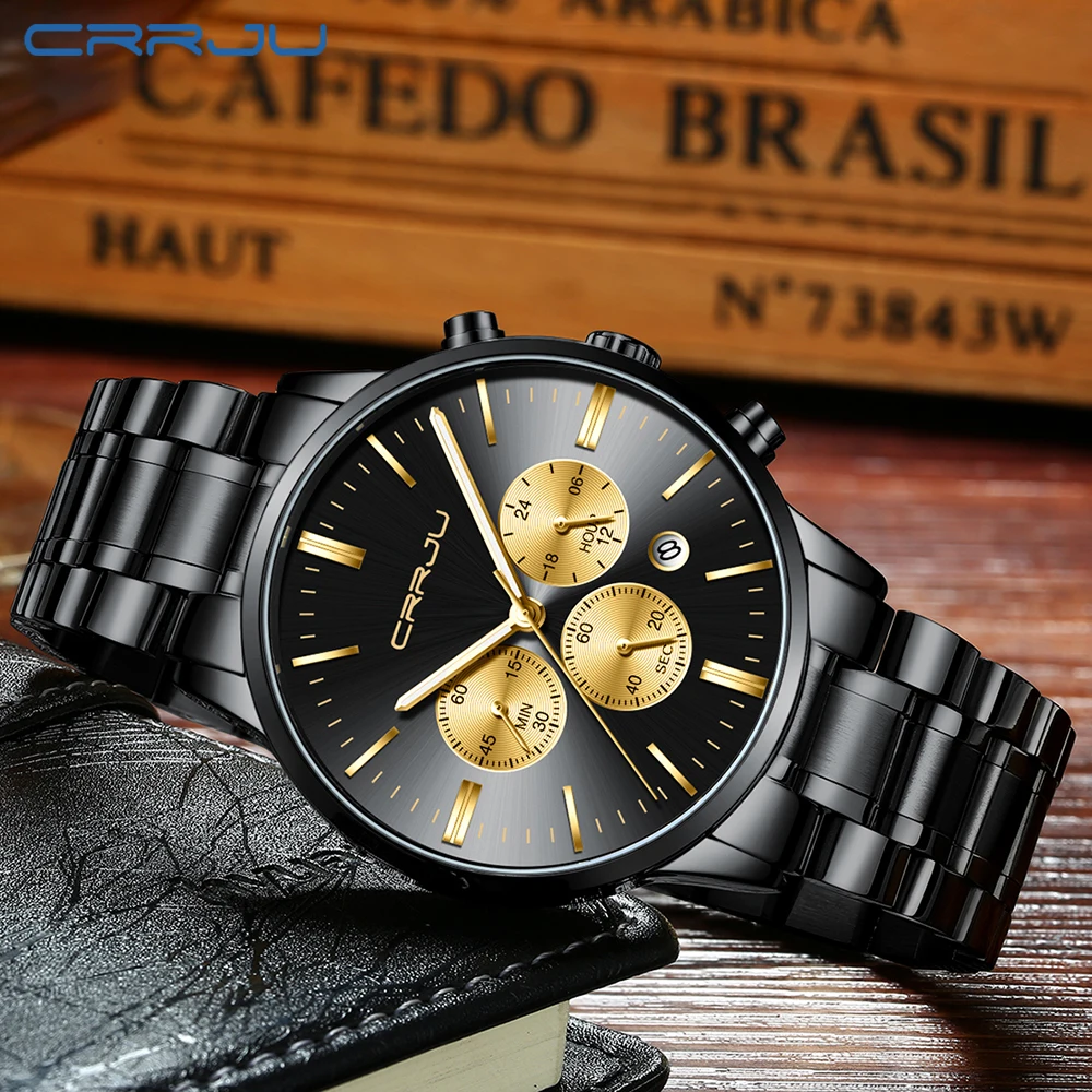 erkek kol saati CRRJU Men Stainless Steel Band Watch Men's Luxury Business Luminous Quartz Wrist Watches Male Date Window Clock