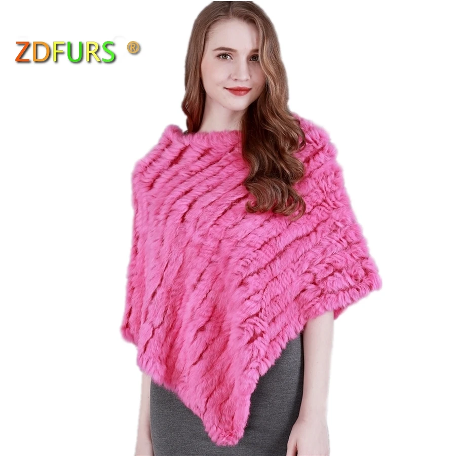 ZDFURS * autumn Winter women Genuine rabbit fur Poncho triangular fur shawl real Fur Wrap  pullovers  knitted rabbit cloak cape