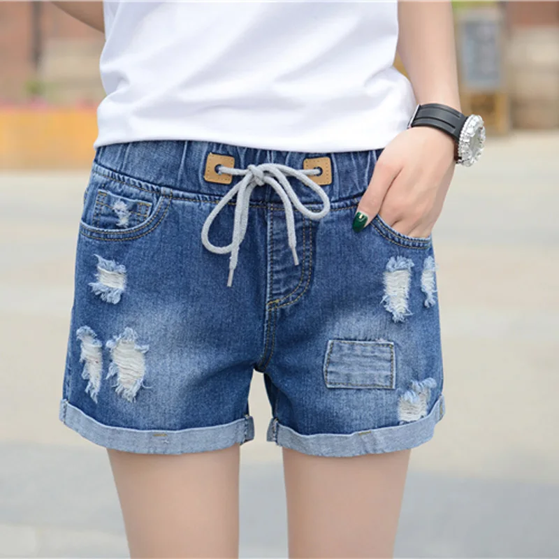 

summer wind female blue high waist denim shorts women worn loose burr hole jeans shorts