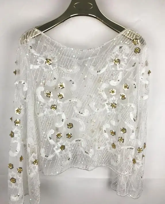 Women's Luxury Vintage Shiny sequins paillette Beaded Shirt Female Club Party Dancing Performance Pullover lace Tops Tees TB597