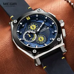 Megir Men's Leather Strap Quartz Watches Army Sports Chronograph Waterproof Wristwatch for Man Luminous Relogios Clock 2098 Blue