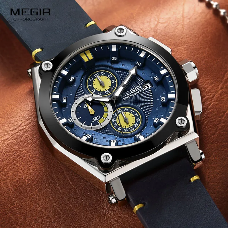 Megir Men's Leather Strap Quartz Watches Army Sports Chronograph Waterproof Wristwatch for Man Luminous Relogios Clock 2098 Blue