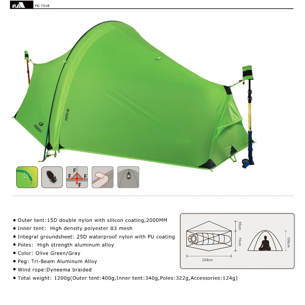 15D Double Layer One Men Single Person Tunnel Backpacking Tent 3 Season For Camping Hiking Travelling Ultralight Silicone Coated