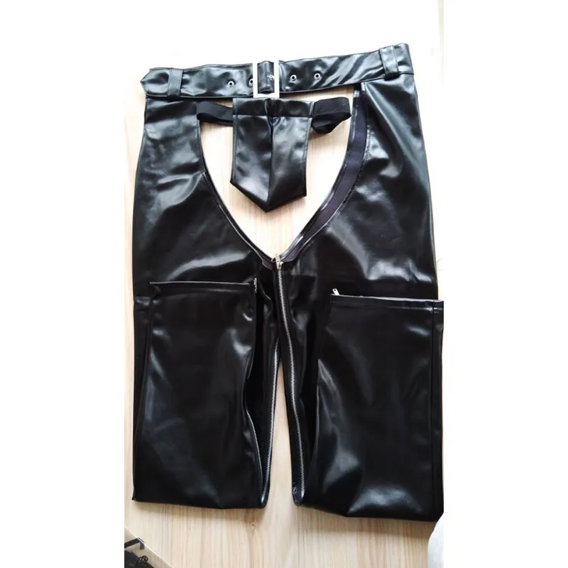 Sexy Men Faux PU Leather Crotchless Pants Wetlook Black Side Zipper Trousers Nightclub Open Front Leather Pants Exotic Lingerie