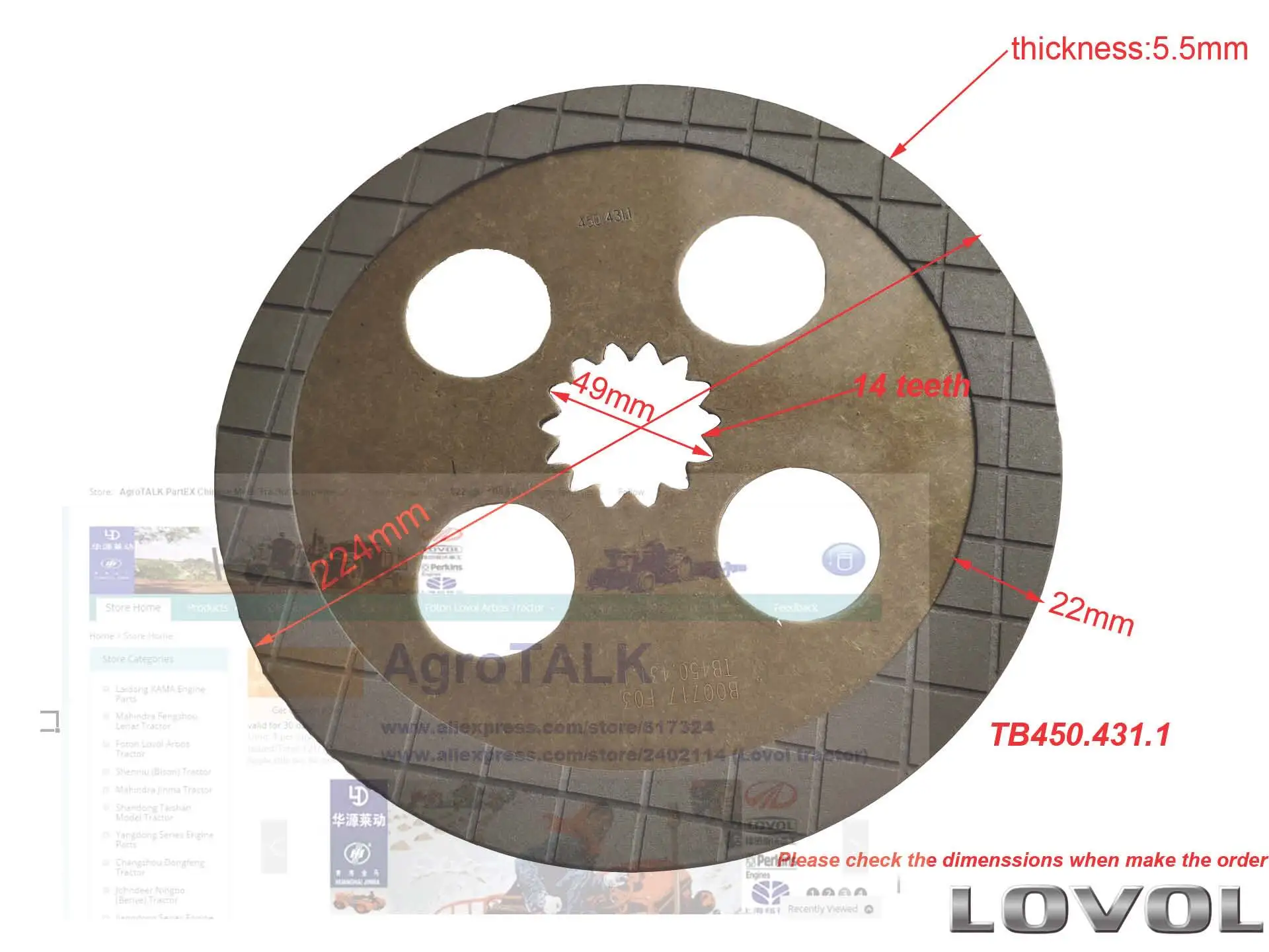 TB450.431.1, the friction (brake) disc set for Foton Lovol TB series tractor, Please check the inner diameter and teeth numbers