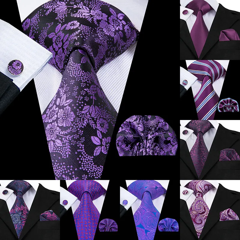 Hi-Tie Luxury Silk Purple Paisley Floral Wedding Ties for Men Hanky Cufflinks Gift Nicktie Set Fashion Design Business Mens Ties